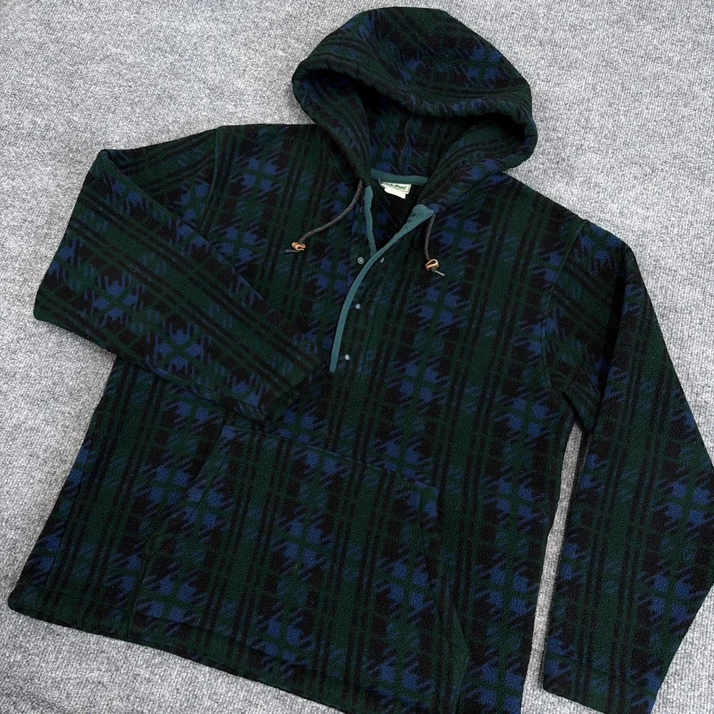 Vintage LL Bean Jacket Womens Large 1/4 Snap Hooded Fleece Pullover Green Plaid - Picture 1 of 11